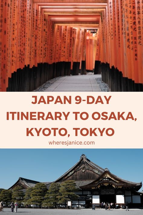 Visit the amazing cities of Osaka, Kyoto and Tokyo in this 9-day itinerary. You will get to experience rich Japanese culture, view historic architecture and enjoy the delicious food. If this is your first time to Japan, this itinerary will help you navigate your way through the many options you have for a holiday in Japan. Click to read more ideas! Tokyo Kyoto Osaka Itinerary, Osaka Itinerary, Japan Honeymoon, Kyoto Itinerary, Nijo Castle, Circular Art, Japan Life, Japan Itinerary, Osaka Castle