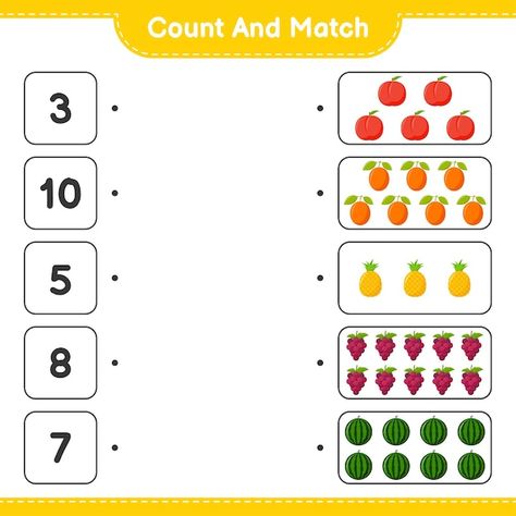 Count and match, count the number of fru... | Premium Vector #Freepik #vector #math-worksheet #math-game #worksheet #watermelon-cartoon Count The Fruits Worksheet, Match The Numbers Worksheet, Count And Match 1-10, Count And Match Worksheets, Free Printable Multiplication Worksheets, Preschool Charts, Letter Worksheets For Preschool, Math Sheets, Preschool Math Worksheets