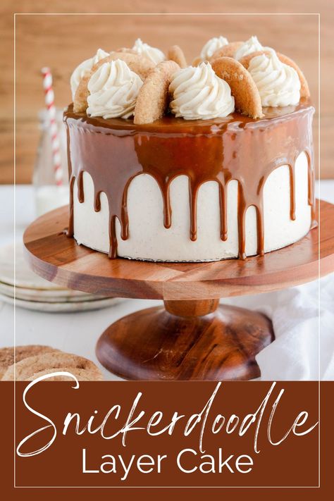 My Snickerdoodle Layer Cake includes three layers of light, airy cinnamon cake filled with cinnamon cream cheese frosting and snickerdoodle cookie crumbles and topped with cinnamon ganache drip. #snickerdoodle #snickerdoodlecake #cinnamonganache #dripcakes #snickerdoodlerecipes #thecakechica Snickerdoodle Cake With Cinnamon Cream Cheese Frosting, Snickerdoodle Birthday Cake, Homemade Cake With Filling, Fall Layer Cake, Snickerdoodle Cookie Cake, Oatmeal Cream Pie Cake, Cinnamon Ganache, Homemade Cinnamon Cake, Snickerdoodle Cake Recipe