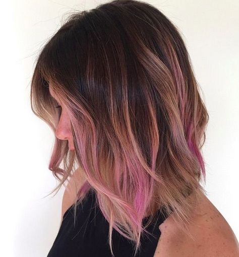 Brunettes, show your adventurous side with a hint of fuchsia at the ends. This expertly blended long bob is a fun way to play with color for those who don't want to go full mermaid.  Image: @prettylittleombre Balayage Pink, Coral Hair Color, Hair Caramel, Balayage Straight, Balayage Straight Hair, Best Ombre Hair, Coral Hair, Underlights Hair, Brunette Ombre