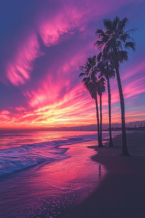 Experience the tranquil beauty of a Californian sunset with "Venice Sunset Dreams: A Symphony in Purple and Pink." This breathtaking photograph captures the serene shoreline of Venice Beach, bathed in the vibrant hues of dusk. The sky is ablaze with shades of purple, pink, and orange, reflecting off the gentle waves as palm trees stand silhouetted against the colorful backdrop. This piece is perfect for anyone who wants to bring a touch of West Coast serenity and the magic of a Venice Beach sunset into their home. Product Ideas: Framed Prints: Offer this stunning sunset as a framed print, perfect for adding a touch of coastal beauty to any room. Canvas Wall Art: Create large canvas prints that showcase the vivid colors and serene setting of this Venice Beach sunset, ideal for living rooms Pink Sunset Color Palette, Blue And Purple Sunset, Korean Sunset, Purple And Pink Aesthetic, Beautiful Sunset Nature, Pink And Blue Sunset, Pink And Orange Sunset, Pink And Purple Sunset, Venice Sunset