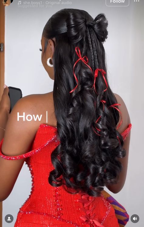 Long Hairstyles Graduation, Met Gala Prom Hairstyles, Updo Prom Styles, Aesthetic Hairstyles For Birthday, Hairstyle Down Wedding, Updos For Prom Black Hair, Hairstyles For Cotillion, Prom Strapless Dress Hair Ideas, Unique Crazy Hair Day Ideas