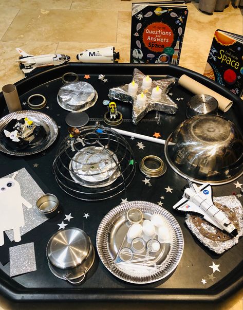 Whatever Next Jill Murphy Activities, Space Theme Tuff Tray Ideas, Space Provision Eyfs, Moon Tuff Tray, Space Tough Tray Ideas, Eyfs Space Activities, Space Activities Eyfs, Space Provocations, Space Reggio