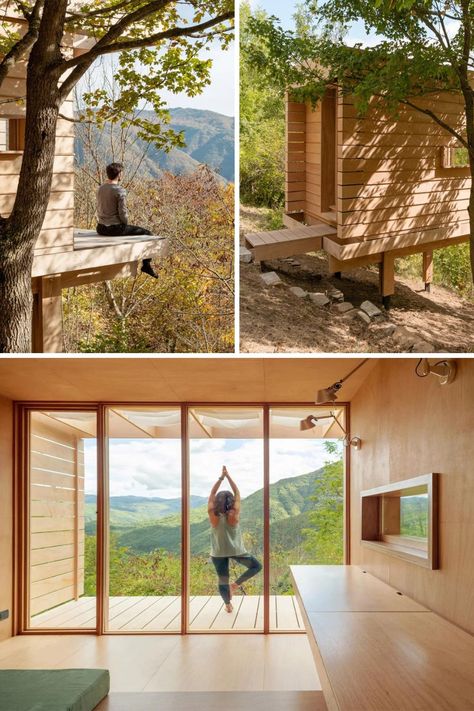 Positioned on the edge of a hill, surrounded by the Apennine Mountains, and overlooking the Trebbia Valley near Genoa, is a minimal off-grid cabin called the Hermitage Cabin. This beautiful wooden cabin was built for “contemplation and introspection”, and occupies only 12 square meters. It can function as a secluded little home or even a cozy yoga retreat! Read More. Scandinavian Cabins, Water Canister, Carpentry Workshop, Wooden Terrace, Castle Home, Off Grid Cabin, Wooden Cabins, Italian Architecture, Glamping Site