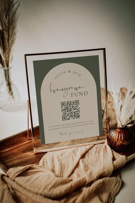 Venmo Sign For Wedding, Honeymoon Fund Wedding Sign, Honeyfund Wedding Sign, Honeymoon Box For Wedding, Boho Green Wedding Decor, Must Have Wedding Signs, Wedding Venmo Sign, Venmo Wedding Sign, Honeymoon Fund Qr Code