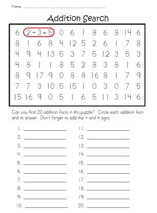 Try to find and circle all of the addition facts hidden in this number hunt puzzle.  It's kind of like a word search, except students search for addition facts! Math Word Search Puzzles, 2nd Grade Word Search, Math Word Search, Number Search, Number Worksheet, Addition Facts, Math School, Daily Math, Math Words