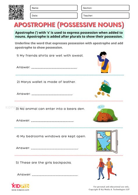 Apostrophes Printable Worksheets for Grade 2 Apostrophe Worksheets Grade 2, Apostrophes Worksheet, Possessive Apostrophe, Worksheets For Grade 2, 2nd Grade Grammar, Possessive Nouns, Worksheets For Grade 3, Teaching Language, Nouns Worksheet