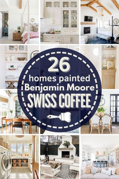 Benjamin Moore Swiss Coffee is a soft, warm, off-white paint-is it right for YOUR home? Explore BM OC-45 undertones, color pairings + see it in 20+ REAL homes! #benjaminmoore #swisscoffee #heatherednest #benjaminmooreswisscoffee #swisscoffeebedroom #swisscoffeediningroom Benjamin Moore Hale Navy And Swiss Coffee, Swiss Coffee Paint Bedroom, Swiss Coffee Benjamin Moore Color Scheme, Swiss Coffee Benjamin Moore Living Rooms, Ben Moore Swiss Coffee, Bm Swiss Coffee Walls, Benjamin Moore Swiss Coffee Walls, Kelly Moore Swiss Coffee, Swiss Coffee Walls With White Trim