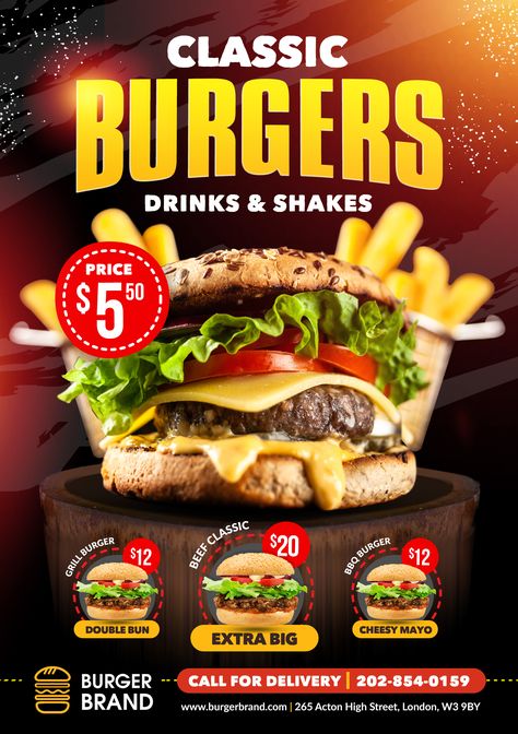 Burger Flyer Design, Burger Poster Design, Poster Burger, Burger Flyer, Fast Food Poster, Burger Poster, Food Flyer Design, Burgers And Shakes, Template Food