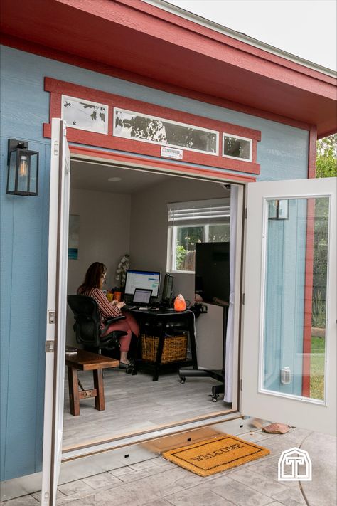 She Shed Desk, Shed Office Ideas Backyards Interior, Office Shed With Bathroom, Turning A Shed Into An Office, She Shed Office Work Spaces Backyard Studio, She Shed Guest Room, Turn Shed Into Office, Work Shed Ideas, Convert Shed To Office