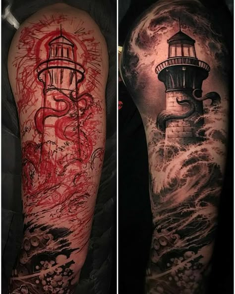 Ship Lighthouse Tattoo, Ship And Lighthouse Tattoo, Tattoos For Guys Upper Arm, Half Sleeve Tattoos For Women, Marine Tattoos, Ship Tattoo Sleeves, Pirate Skull Tattoos, Ocean Sleeve Tattoos, Nautical Tattoo Sleeve