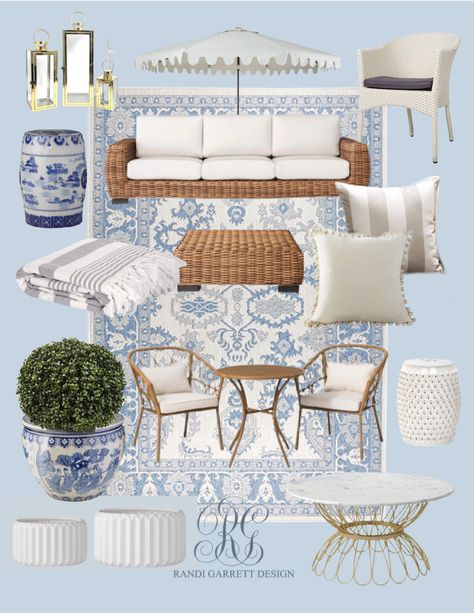 Hamptons Style Patio Furniture, Outdoor Screen Patio Ideas, Light Blue Outdoor Furniture, Blue And White Backyard Decor, How To Style A Patio Outdoor, Light Blue Patio Decor, Blue Backyard Decor Patio, Outdoor Patio Ideas Mediterranean, Blue And White Patio Decor