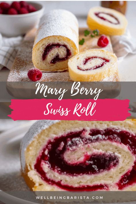 Roll into dessert heaven with Mary Berry's Swiss Roll! 🍰✨ This homemade delight features a light and fluffy sponge cake rolled around a sweet filling. 👩‍🍳🏡 Elevate your dessert game with this easy recipe inspired by Mary Berry's baking expertise. Perfect for impressing your guests and savoring a classic dessert with a twist. 🍥👌 Lingon Berry Recipes, Mary Berry Dessert Recipes, Roulade Cake Recipe, How To Make A Swiss Roll, Raspberry Jam Cake Filling, Swiss Roll Filling Recipes, Raspberry Cake Roll Recipe, Jelly Roll Recipes, Swiss Cake Roll Dessert