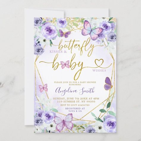 Purple and Gold Floral Butterfly Baby Shower Invitation  Zazzle Floral Baby Shower Theme, Purple Baby Shower Theme, Butterfly Kisses And Baby Wishes, Butterfly Invitation, Butterfly Baby Shower Theme, Baby Wishes, Butterfly Baby Shower Invitations, Butterfly Invitations, Baby Shower Theme Decorations