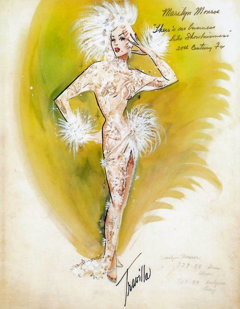 Travilla costume design for Marilyn Monroe in There's No Business Like Show Business (1954) Merilin Monroe Dresses, Marylin Monroe Dress White, Marilyn Monroe There's No Business Like Show Business, Marylin Monroe Some Like It Hot Dress, Marilyn Monroe Costume, Glamour Camping, Marilyn Monroe Prince And The Showgirl, Marilyn Dress, Marilyn Monroe Artwork