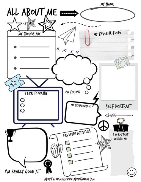 Kick off back to school with this fun "All About Me" activity page! This free All About Me printable activity page is a fun way for kids to express their feelings and creativity, and to create a special page that is all about them. Closure Activities For Students, Introduce Yourself Creative Student, About Me Worksheet Middle School, About Me Poster, All About Me Poster, Dbt Therapy, All About Me Printable, All About Me Book, All About Me Worksheet