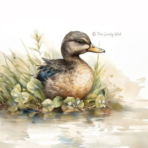 A cottage-core aesthetic Female Mallard Duck Nature Art Print illustration inspired by the countryside, the beauty of our natural world and the animals that live in it, gardening, wildflowers country living & British children's story classics like Wind in the Willows, Beatrix Potter, Peter Rabbit, Winnie The Pooh The Witch in the Wardrobe, Enid Blyton Cottagecore vintage kitsch flowers flower rabbit animals, cottage core aesthetic garden, spring, floral Bramley hedge Jill Barklem. Bramley Hedge, Rabbit Winnie The Pooh, Cottagecore Animals, Cottagecore Nursery, Jill Barklem, Aesthetic Female, Art Cottagecore, Vintage Nursery Decor, Painting Birds