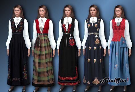 Alial Sim — Norwegian Bunad All my bunads with a new mesh with... Norway Culture, Norwegian Bunad, Scottish Clothing, Sims Medieval, Royal Castle, Medieval Clothes, Constitution Day, Alpha Cc, Sims 4 Ideas