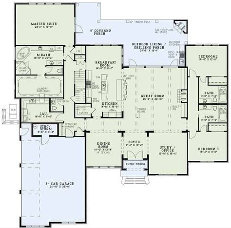 Main level floor plan of a 4-bedroom single-story European home with foyer, dining room, study, great room, kitchen, breakfast nook, three bedrooms, laundry, and mudroom that opens to the garage. Outdoor Living Kitchen, Stone Porches, Bath Bench, Foyer Dining Room, Fireplace Cover, Southern Traditional, European Style Homes, Metal Shelving Units, Dining Room Study