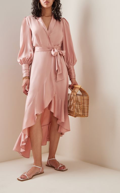 Ruffle Dress Casual, Midi Wrap Dress, Wrap Midi Dress, Silk Wrap, Wrap Blouse, Pink Silk, Wedding Party Dresses, Ruffle Dress, Moda Operandi