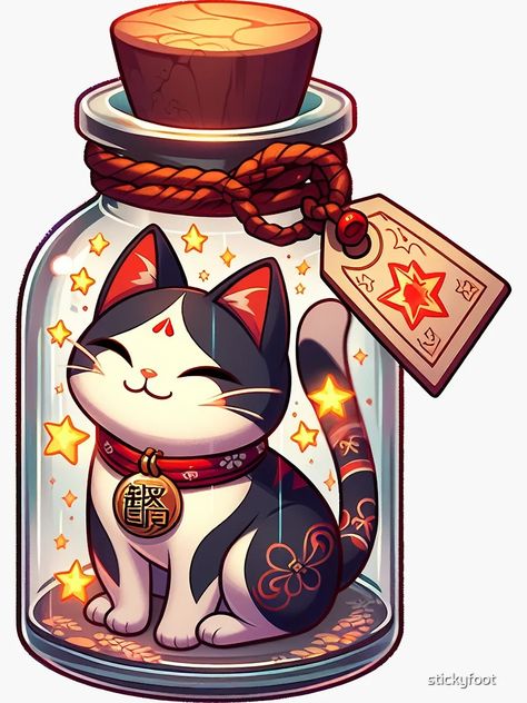 "Lucky Cat in a Bottle" Sticker for Sale by stickyfoot | Redbubble Lucky Cat Outline, Lucky Cat Aesthetic, Lucky Cat Drawing, Maori Tattoo Patterns, Lucky Art, Money Cat, Bottle Drawing, Kawaii Tattoo, Neko Cat