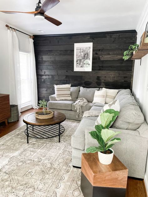 Modern Farm Living Room, Stained Accent Wall, Black Shiplap Accent Wall, Living Room With Shiplap, Dark Accent Wall Living Room, Farm Living Room, Black Accent Wall Living Room, Shiplap Room, Shiplap Living Room