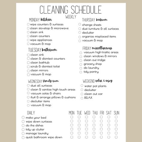 Transform Your cleaning routine with this 1 page cleaning checklist! Welcome to a world of simplicity and efficiency with the 1-Page Weekly Cleaning Checklist! Designed to streamline your cleaning routine, this versatile checklist is your key to a spotless and organized home. An easy to follow cleaning schedule to keep you on track with focused instruction with the ability to edit to customize for the needs of your own home.  Why Choose Our Cleaning Checklist? ✨ Simple and User-Friendly Design: Weekly Cleaning Routine Schedule, Saturday Cleaning List, Simple Weekly Cleaning Schedule, House Chores List Cleaning Routines, Sunday Cleaning Routine, Cleaning Chart For Adults, Cleaning Schedule With Pets, House Chores List For Adults, Basic Cleaning Checklist