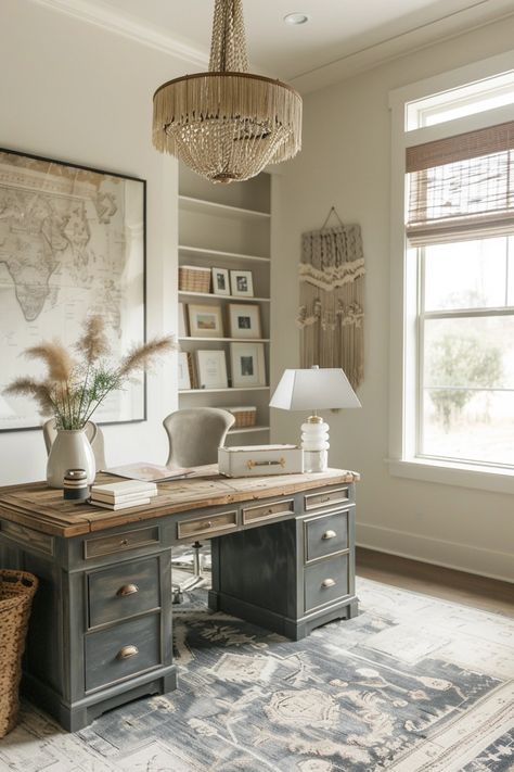 15 Feminine Home Office Ideas That Will Make You Want to Work All Day Blue Gray Desk, Grey Office Ideas, Feminine Home Office Classy, Studio Solutions, French Country Office, Office Sunroom, Feminine Home Office, Feminine Home Office Ideas, Executive Office Decor