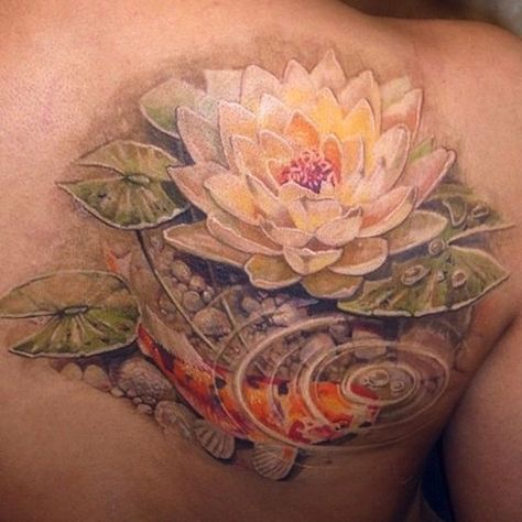 Extreme Detailed White Lotus Flower Tattoo with Koi Pond Water Lily Tattoo, Lily Tattoos, Lotusblume Tattoo, Small Lotus Flower Tattoo, Water Lily Tattoos, Lily Tattoo Design, Lotus Flower Tattoo Design, Flower Tattoo Meanings, Lotus Tattoo Design