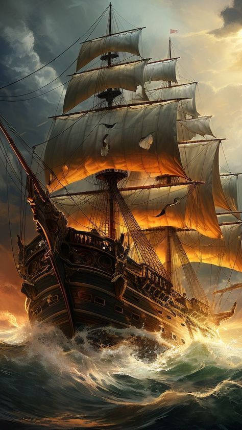 Ship In Ocean Painting, Fairy Lights Outdoor, Pirate Ship Tattoos, Pirate Ship Art, Pirate Boats, Sailing Art, Ancient Mariner, Old Sailing Ships, Outdoor Fairy Lights