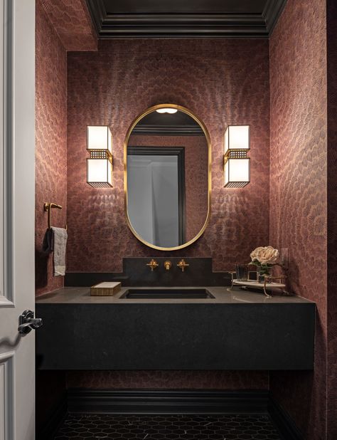 Northville Renovation : Leighanne LaMarre Interiors Powder Room With Wallpaper, Dark Powder Room, Powder Bath Wallpaper, Room With Wallpaper, Paris Apartment Interiors, Moody Powder Room, Wallpaper Powder Room, Powder Room Wallpaper, New House Bathroom