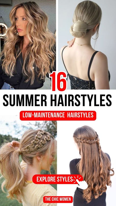 16 Easy Summer Hairstyles for Women with Long Hair to Try Summer Hairdos, Hairstyles For Long Hair Easy, Women With Long Hair, Knot Ponytail, Braided Buns, Low Chignon, Singer Fashion, Bubble Ponytail, Sleek Bun