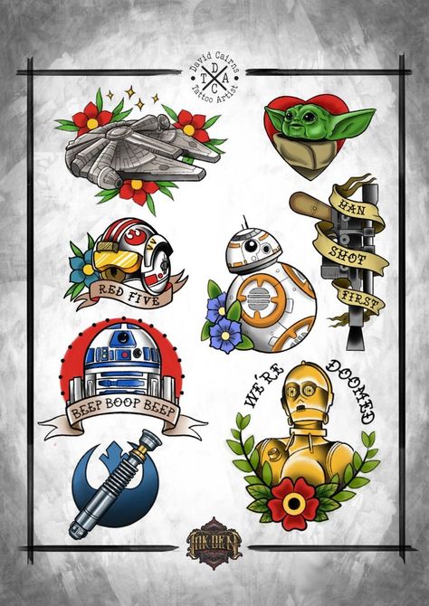 Some Start Wars neo trad flash that David would love to get onto your skin! Which one is your favourite??? #starwars #flash #flashsale #babyyoda #blackpool #inkden #geek #geektattoo Star Wars Trad Tattoo, American Traditional Millenium Falcon, Traditional Star Wars Tattoo Flash, Traditional Tattoo Art Star Wars, Traditional Style Star Wars Tattoo, Star Wars Traditional Tattoo Design, Neo Trad Star Wars Tattoo, Star Wars Flash Art, Start Wars Tattoo