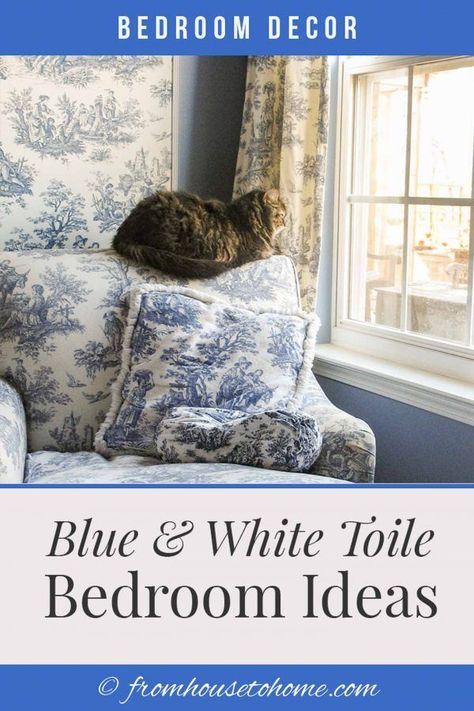 Are you living in a builder-grade house and don't want it to feel like a builder grade house? See our Builder Grade Bedroom Makeover for inspiration. #fromhousetohome #roomdesign #blueandwhite #bedroom #bedroommakeover #guestbedroomideas Blue Toile Bedroom Ideas, Blue And White Christmas Bedroom, Toile Bedroom Ideas, Toile Bedroom, Painting The Ceiling, Iron Canopy Bed, Black Walls Bedroom, Blue And White Toile, Dramatic Bedroom