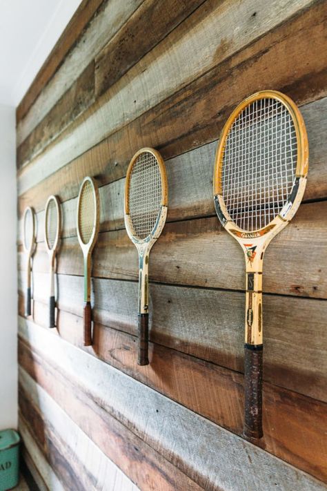 Old Tennis Racket Decor, Tennis Racquet Decor, Tennis Decor, Timber Walls, Framed Poster Art, Patio Projects, Space Apartments, Cafe Ideas, Tennis Rackets