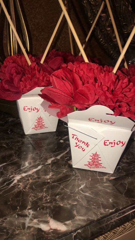 Diy Chinese Party Decorations, Habachi Night Theme Party, China Themed Party Decoration, Chinese Take Out Box Centerpiece, Chinese Theme Party Decorations Ideas, Korean Theme Party Ideas, Mulan Sweet 16 Theme, Asian Inspired Party Decorations, Asian Themed Birthday Party