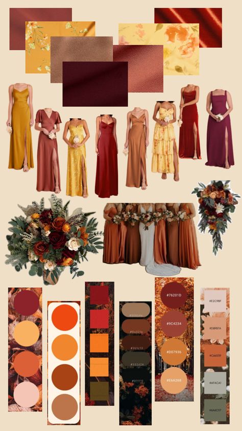 Warm Color Wedding Theme, Fall Wedding Color Schemes October Bridesmaid Dress, Autumn Wedding Theme Color Schemes, Wedding Colors With Orange, Autumn Bridesmaid Dresses Color Palettes, 70s Wedding Color Palette, Mix And Match Bridesmaid Dresses Summer, Fall Bridesmaid Colors, Bridesmaid Dresses Mismatched Summer