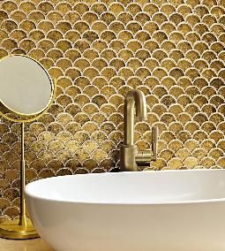 Glass, Metallic & Mother of Pearl - Shop by Type - Wall & Floor Tiles | Fired Earth Gold Bathroom Fixtures, Toilet Accessories Set, Fired Earth Tiles, Shell Mosaic Tile, Gold Tile, Bathroom Shower Walls, Shell Mosaic, Luxury Tile, Fired Earth