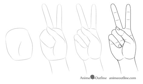 How to Draw Hand Poses Step by Step - AnimeOutline How To Draw A Hand Doing A Peace Sign, How To Draw The Peace Sign, Anime Peace Sign, Hand Reference Holding, Body Sketching, Peace Sign Drawing, Drawing Anime Hands, 100 Challenge, Easy Hand Drawings