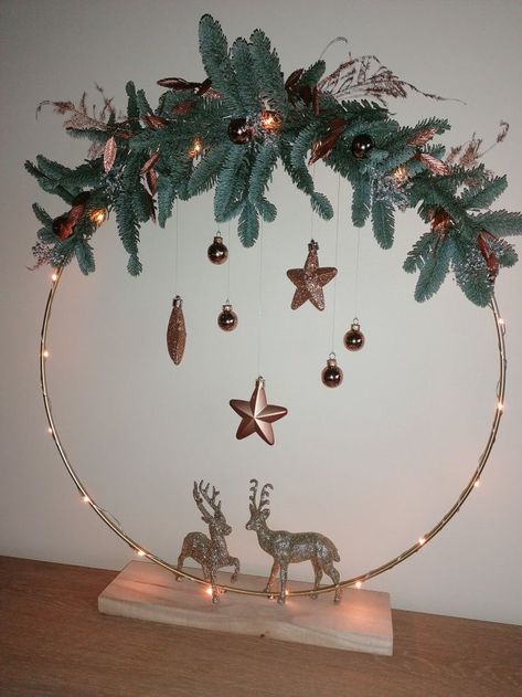 #diy #christmas #mostwonderfulltime #christmashoop #diditmyown Metal Ring Christmas Wreath, Metal Hoop Crafts, Christmas Ring Decoration, Christmas Sleigh Decorations, Christmas Wreath Designs, Diy Christmas Star, Christmas Mirror, Christmas Flower Decorations, Christmas Decorations Centerpiece