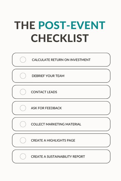 A post-event checklist includes checkable items including calculating ROI, contacting leads, asking for feedback, collecting marketing materials, looking at the event's sustainability and creating a highlights page. Wedding Coordinator Checklist, Event Agenda, Event Checklist, Event Planning Website, Event Budget, Event Planning Career, Event Technology, Event Planning Checklist, Event Specialist