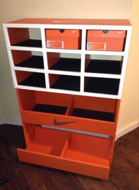 Nike shoe rack Nike Nightstand, Nike Shoe Storage, Sneaker Storage Ideas For Small Spaces, Nike Room Decor Ideas, Nike Dresser, Nike Shoe Rack, Nike Furniture, Nike Shoe Box Storage, Basketball Room Decor