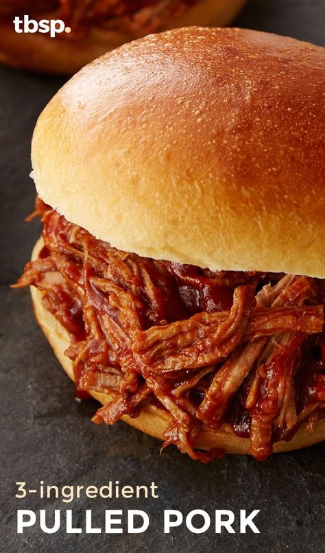 You only need three ingredients to make this moist, flavorful pulled pork that can be prepped in just minutes and then cooked in your slow cooker. Put on a hamburger bun for a pulled pork sandwich, or used in a taco, you can't go wrong with this easy recipe. 3 Ingredient Pulled Pork, Sweet And Sour Pork Recipe, Pork Crockpot Recipes, Slow Cooker Pulled Pork, Pulled Pork Recipes, Crockpot Pork, Pork Sandwich, Pork Recipe, Pulled Pork Sandwich