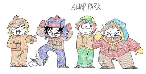 South Park characters as swapped. Credits to @chxyua on Twitter! South Park Animals Au, South Park Swap Au, South Park Band Au, South Park Main 4 Fanart, Main 4 South Park, Stans Gang, South Park Oc, South Park Au, South Park Style