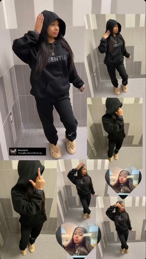 Essential Hoodie Outfits For Black Women, Prettylittlething Sweatpants Outfit, Essentials Hoodie Outfit Black Women, Outfits With Black Sweats, Grey Sweatpants Outfit Black Women, Baddie Rainy Day Outfits, Black Essentials Hoodie Outfit, Black Sweatpants Outfit For School, Sweatpants Outfit Black Women