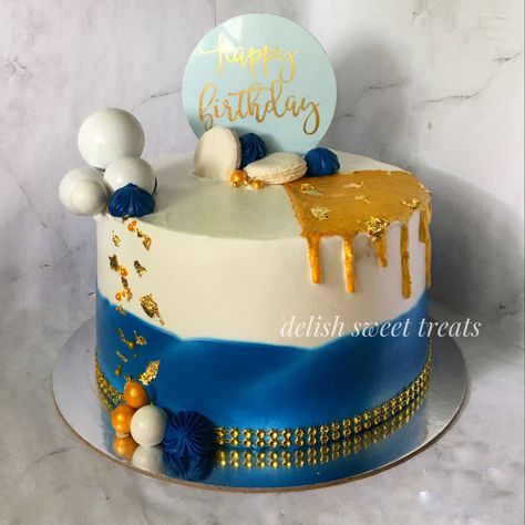 Birthday Cake For Grandfather, Gold Themed Cake, Blue And Gold Cake, Grandfather Birthday, Gold Cake, Blue And Gold, Themed Cakes, Birthday Cake, Cake