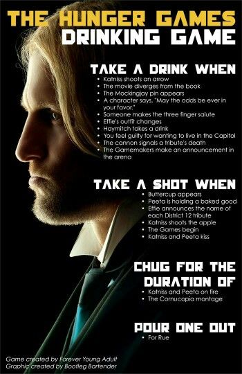 Hunger Games drinking game Hunger Games Drinking Game, Tv Show Drinking Games, Funny Drinking Games, Drink Games, Vacation Drinks, Tv Show Workouts, Movie Workouts, Movie Drinking Games, Hunger Games Party