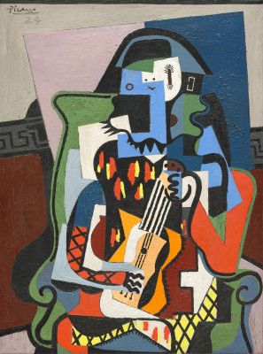 Born in Malaga, Spain in 1881, artist Pablo Picasso attended art schools in his native Spain and in his late teens aligned with writers and artists in Barcelona and Madrid who opposed Spain’s stalled social hierarchies and conservative culture. Pablo Picasso (Spanish), "Harlequin Musician," 1924, oil on canvas #hispanicheritagemonth Picasso Cubism, Pablo Picasso Art, Art Picasso, Pablo Picasso Paintings, Musician Art, Bo Bartlett, Alex Colville, Cubism Art, Picasso Paintings