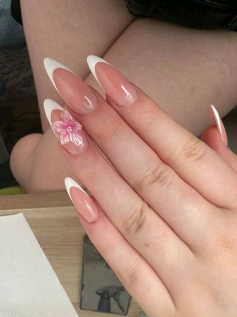 Nails Inspiration 3d Flowers, French Tip Almond With Design, White French Tip With 3d Flowers, 3d Flower French Tip Nails, Almond Nails 3d Designs, White French Tip Nails With 3d Flower, French Tip Nails With 3d Flower, Almond Nails With 3d Flower, White 3d Nails