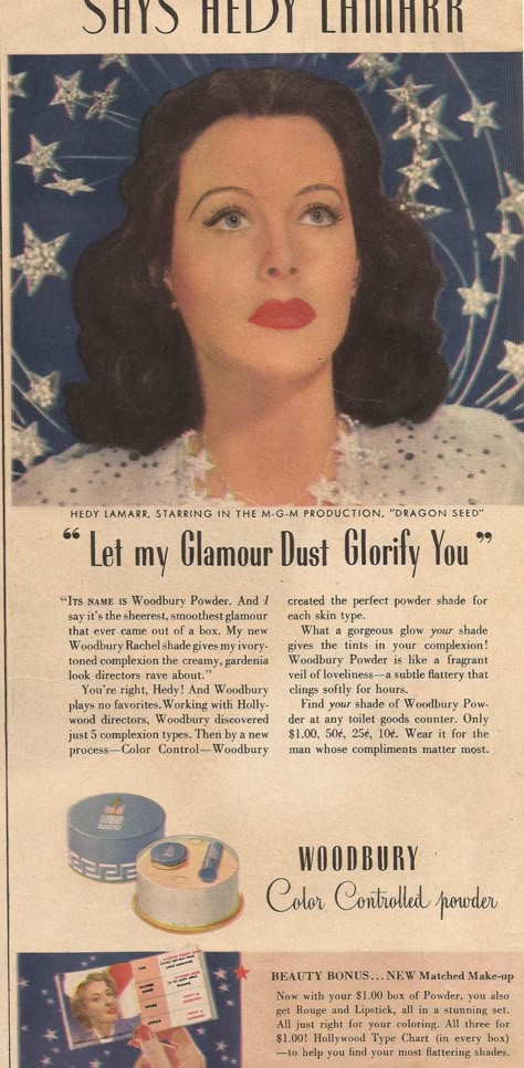 1940s Woodbury powder ad with Hedy Lamar Hedy Lamarr Makeup, Hedy Lamarr Drawing, Hedy Lamarr Poster, Hedy Lamarr Inventor, Hedy Lamarr In Color, Female Movie Stars, Hedy Lamarr, Vintage Movie Stars, Vintage Cosmetics